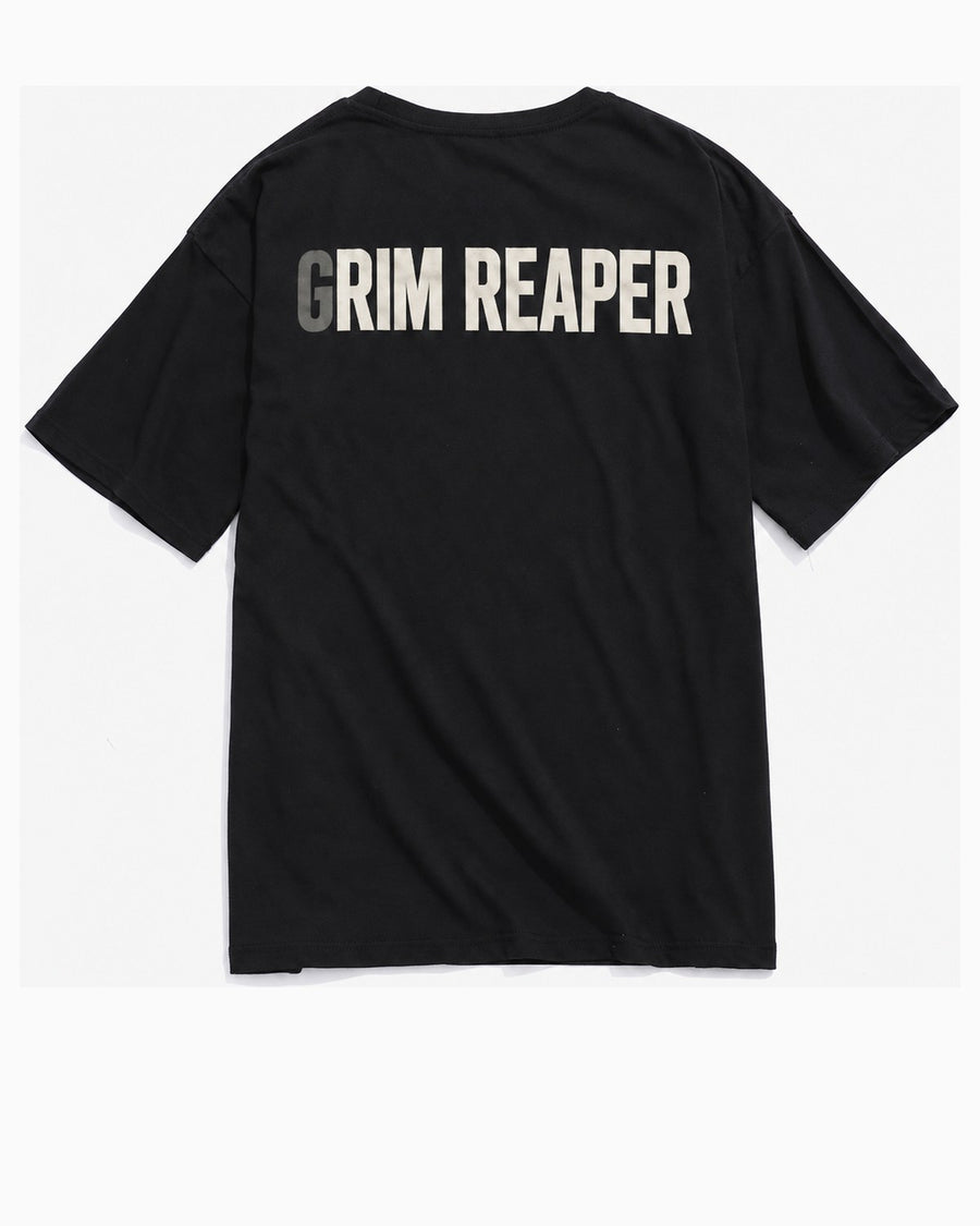Black t-shirt, back, printed GRIM REAPER in cream across the shoulder blades