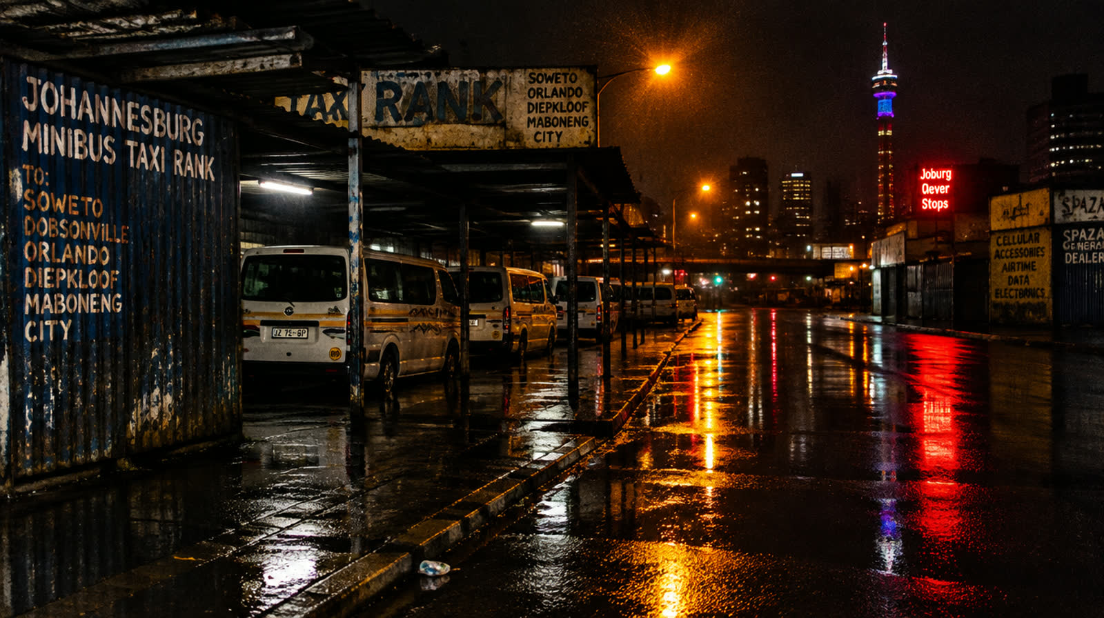 A wet street at night reflecting streetlight