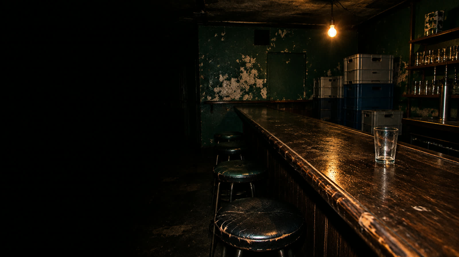A dark, empty bar late at night
